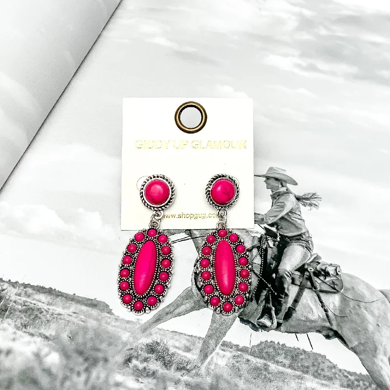 Party Earrings for Bridesmaids-Circle Post Earrings with Oval Cluster and Stones in Hot Pink