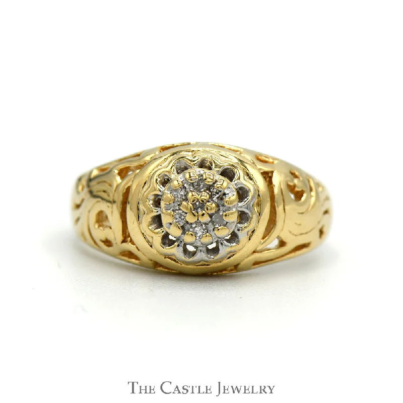 Dainty Engagement Ring-Women's Kentucky Diamond Cluster Ring with Open Filigree Sides in 10k Yellow Gold