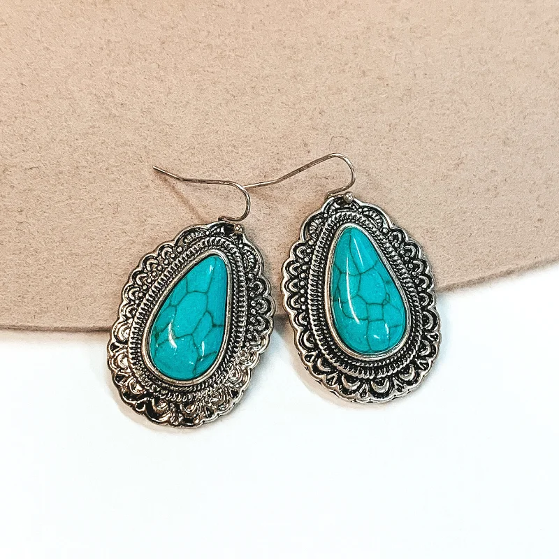 Beaded Dangle Earrings-Western Teardrop Silver Earrings in Turquoise