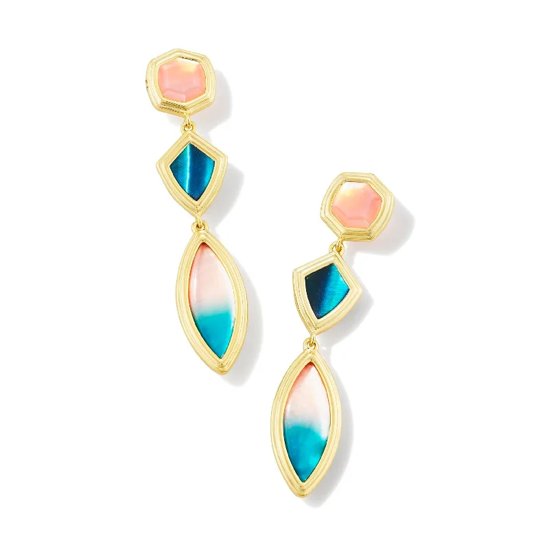 Stylish Hoop Earrings-Kendra Scott | Monica Gold Linear Earrings in Teal Mix