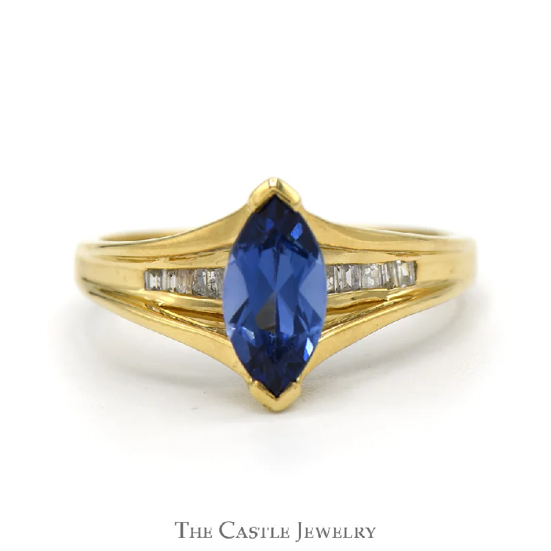 Elegant Wedding Band with Diamonds-Marquise Cut Tanzanite Ring with Channel Set Diamond Accents in 10k Yellow Gold