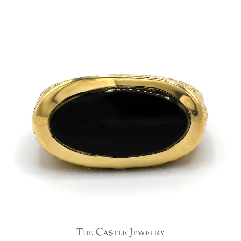 Elegant Gold Engagement Ring-Oblong Oval Black Onyx Ring in 14k Yellow Gold Nugget Designed Mounting