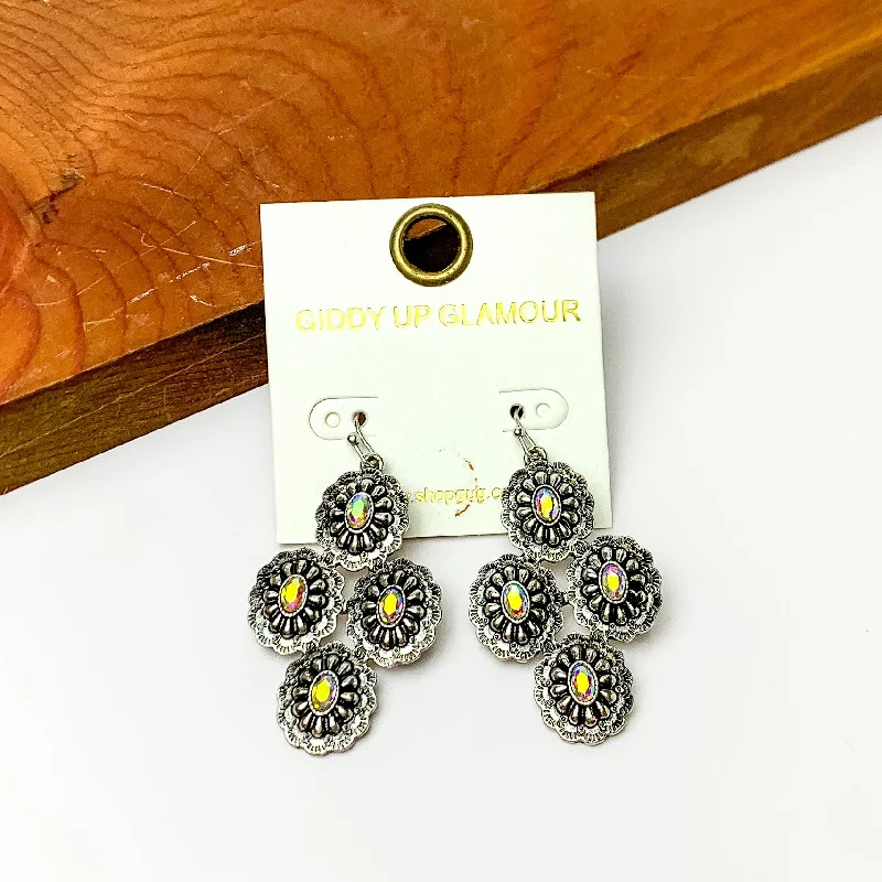 Elegant Gemstone Stud Earrings-Western Concho Earrings with AB Stones in Silver Tone