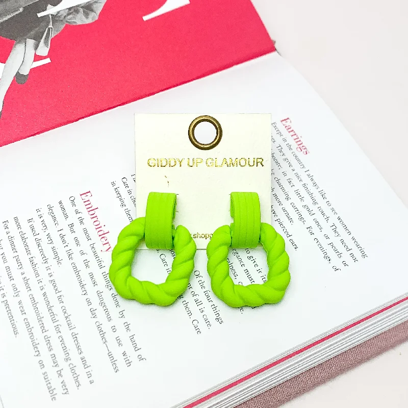 Wedding Earrings with Crystals-Ready to Party Twisted Square Earrings in Neon Green