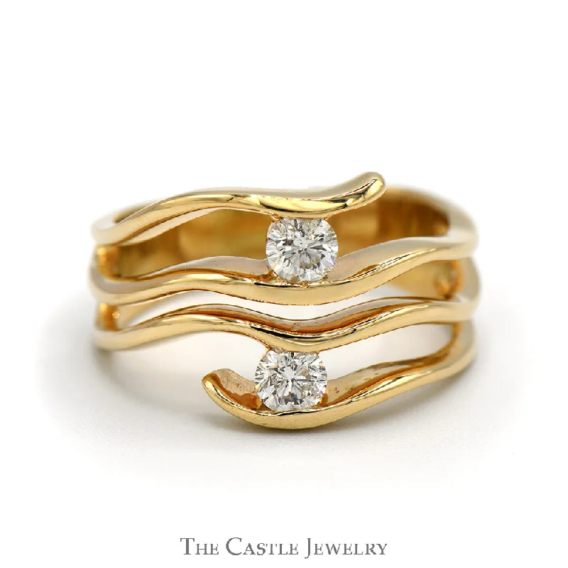 Classic Platinum Wedding Ring-Open Wavy Multi Row Ring with 1/2cttw Diamond Accents in 14k Yellow Gold