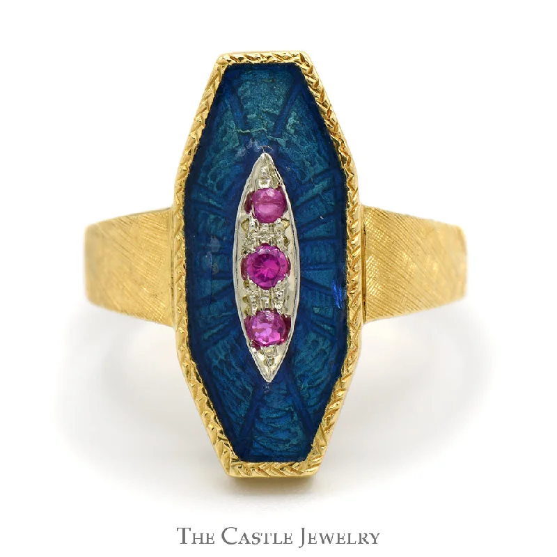 Unique Gold Engagement Ring-Ruby Shield Ring with Blue Enamel Detail in 18k Yellow Gold