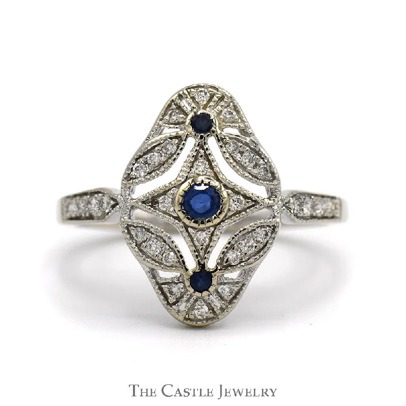 Men's Diamond Engagement Ring-Antique Style Sapphire & Diamond Cluster Open Shield Ring in 14k White Gold