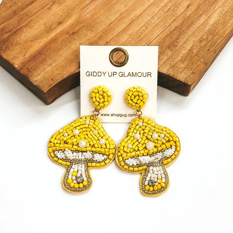 Classic Gold Earrings-Seed Beaded Mushroom Earrings in Yellow