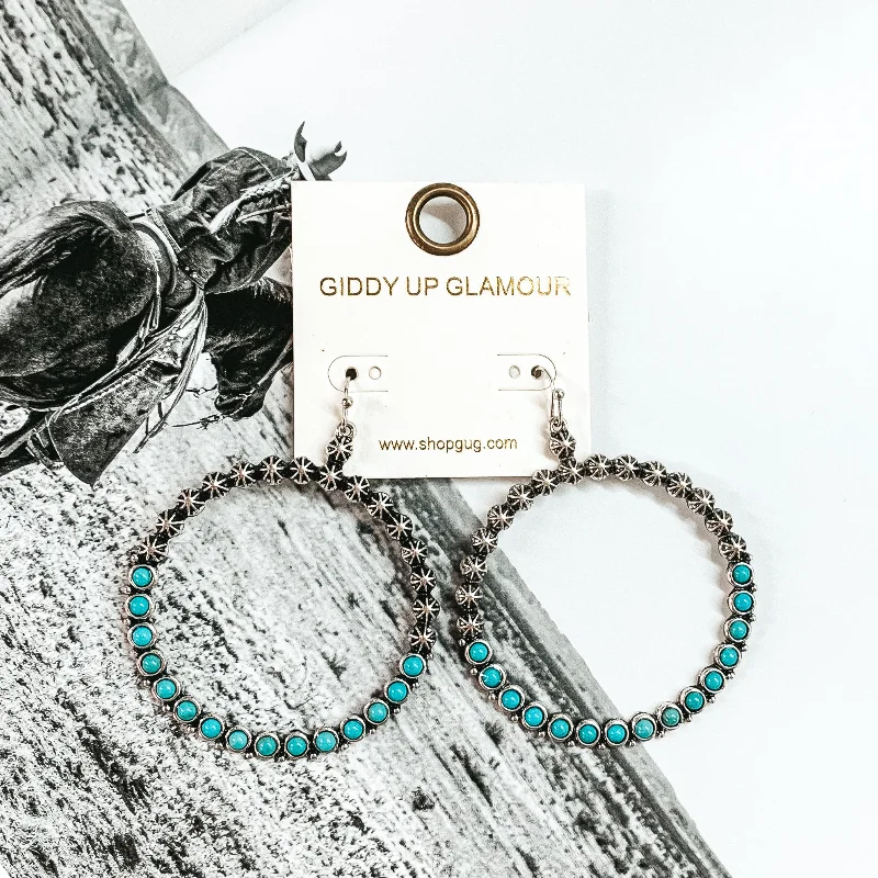 Colorful Gemstone Earrings-Silver Tone Hoop Earrings with Faux Turquoise Stones