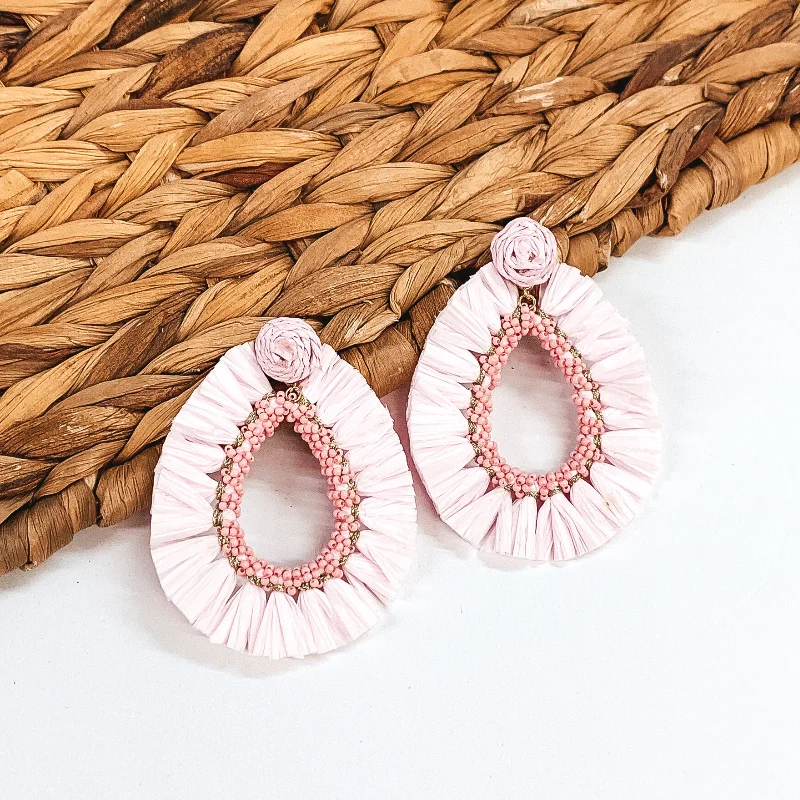 Colorful Drop Earrings-Siesta Sunsets Raffia Wrapped Open Teardrop Earrings in Baby Pink