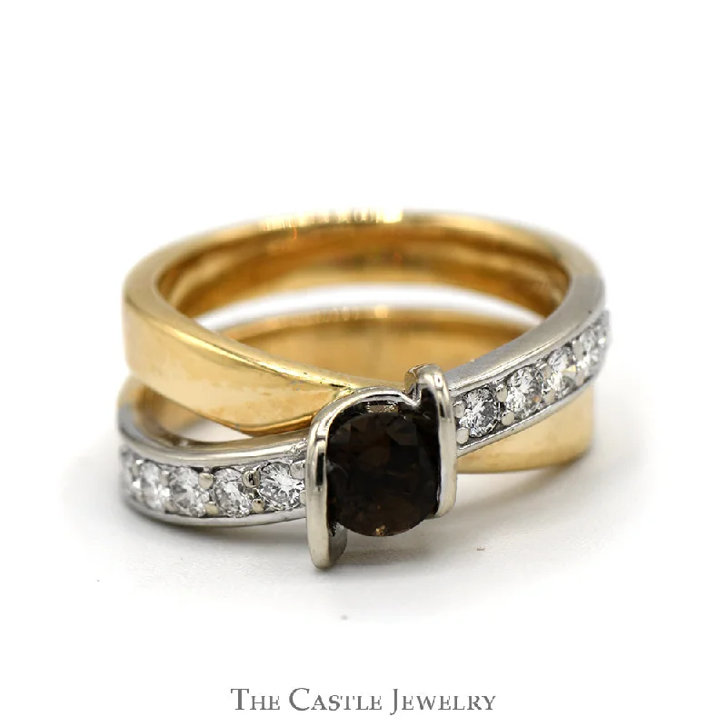 Dainty Engagement Ring-Smoky Quartz And Diamond Ring .30CTTW In Crossover Design 14KT White And Yellow Gold