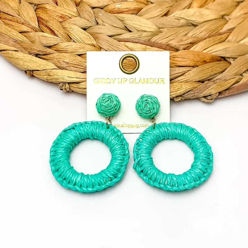 Statement Earrings for Weddings-Beachside Café Raffia Wrapped Circle Earrings in Turquoise Green