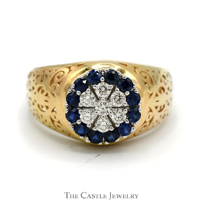 Personalized Diamond Ring-Sapphire and Diamond Kentucky Cluster Ring with Open Filigree Sides in 14k Yellow Gold