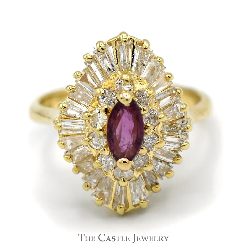 Handmade Wedding Ring-Marquise Cut Ruby Solitaire with Round & Baguette Diamond Ballerina Ring in 14k Yellow Gold