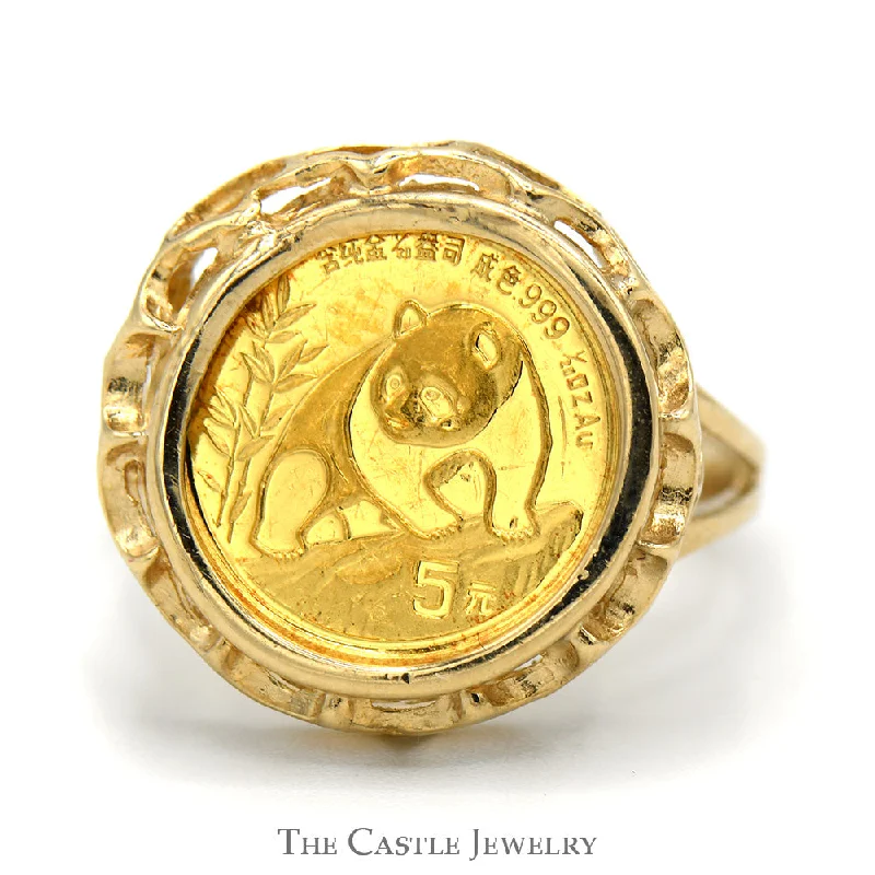 Designer Wedding Ring Set-24K Gold 1990 Panda Coin Ring in 10k Yellow Gold Scalloped Designed Bezel Mount