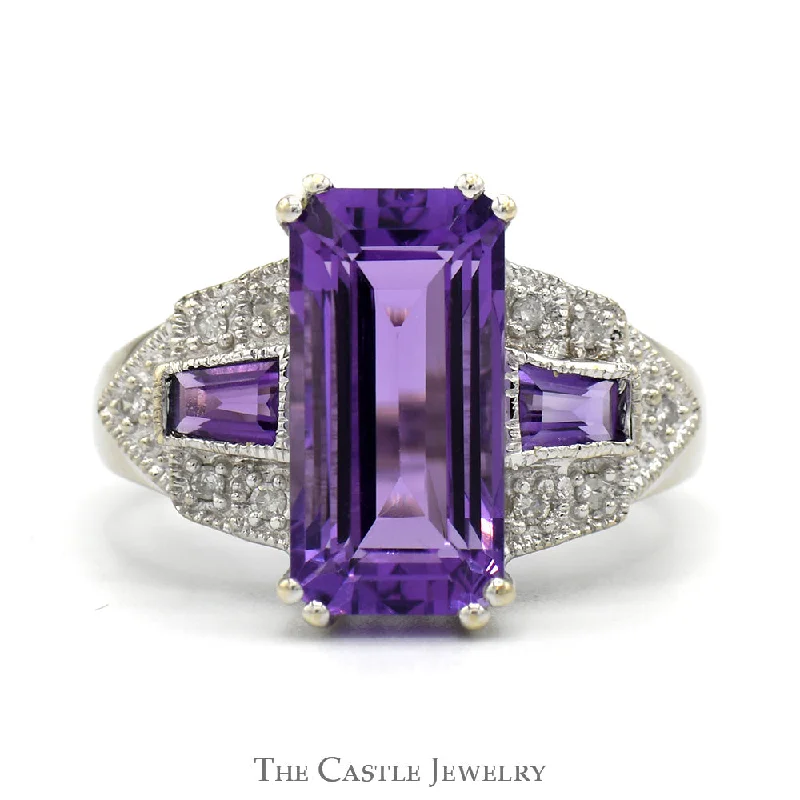 Silver Ring with Sapphire-Emerald Cut Amethyst Ring with Baguette Amethyst Sides and Diamond Accents in 14k White Gold