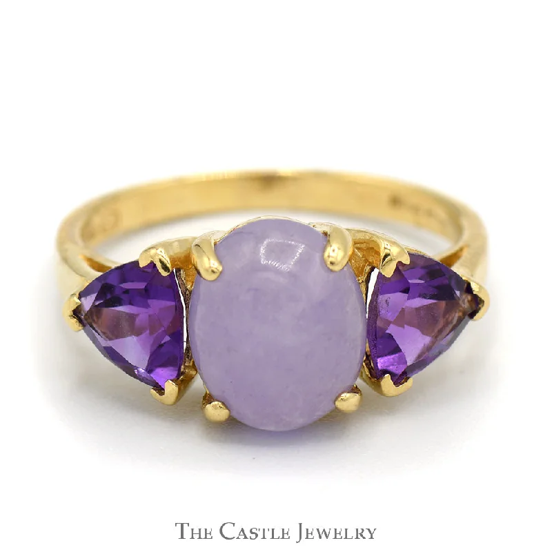 Classic Sapphire Wedding Band-Oval Cabochon Lavender Jade Ring with Trillion Cut Amethyst Accents in 14k Yellow Gold