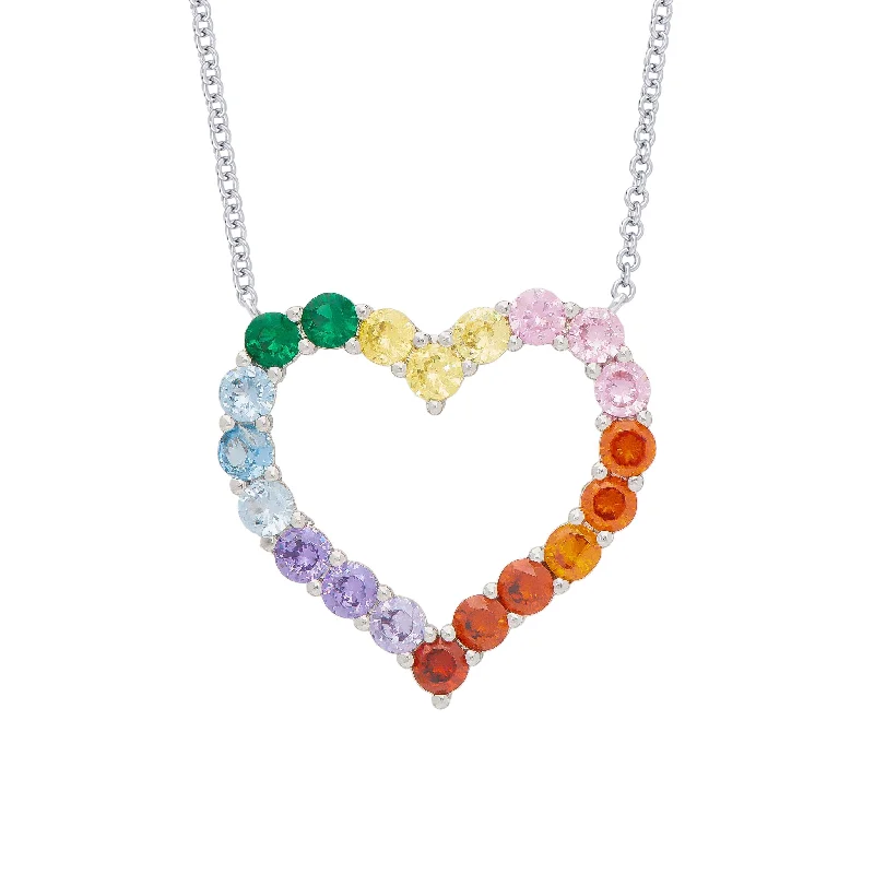 Long Beaded Necklace-Rainbow CZ Open Heart Necklace