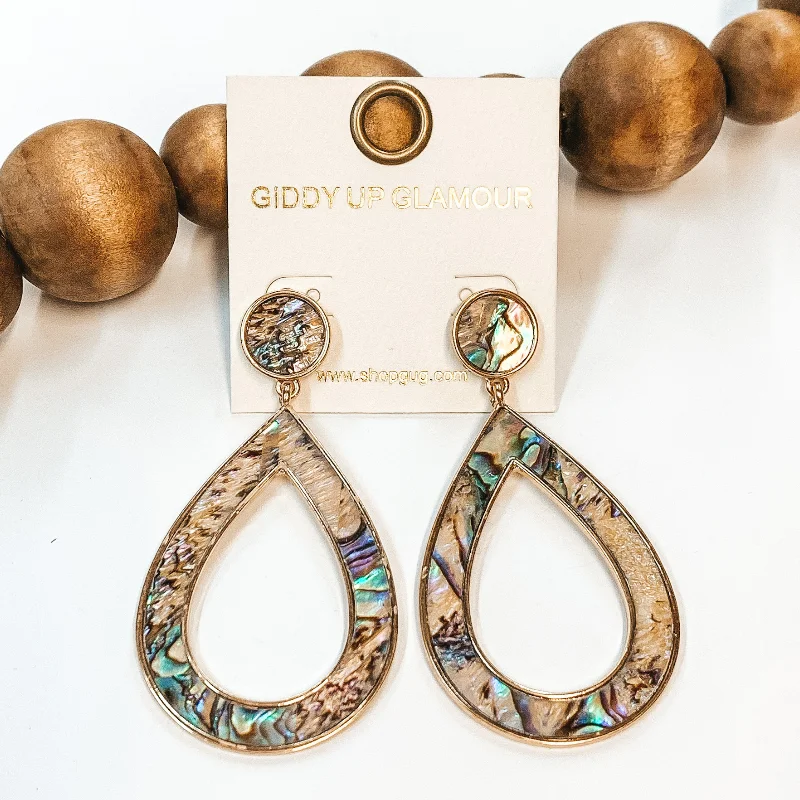 Luxury Diamond Earrings-Abalone Shell Teardrop Hoop Earrings with Gold Accents