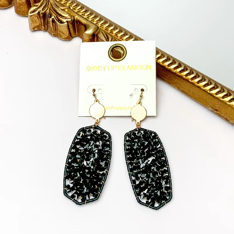 Geometric Drop Earrings-Black Large Drop Earrings with Gold Tone Accessory