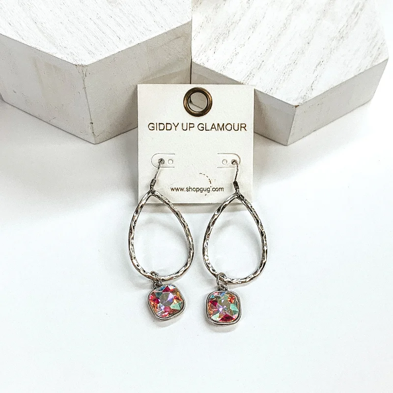 Trendy Earrings for Girls-Small Hammered Teardrop Earrings with AB Hanging Crystal in Silver Tone