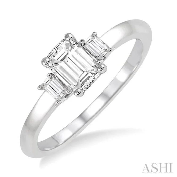 Dainty Gold Ring-5/8 Ctw Emerald and Baguette Diamond Engagement Ring with 1/2 Ct Emerald cut Center Stone in 14K White Gold