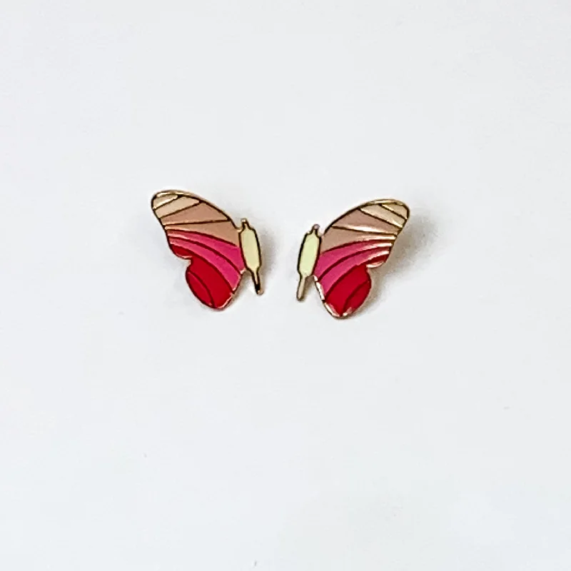 Fine Silver Earrings-Butterfly Wing Stud Earrings in Pink