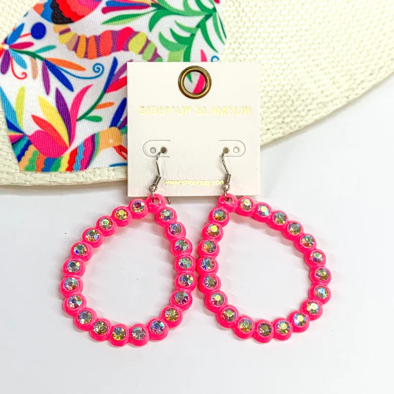 Beautiful Pearl Drop Earrings-Open Teardrop Earrings with AB Crystal Outline in Neon Pink