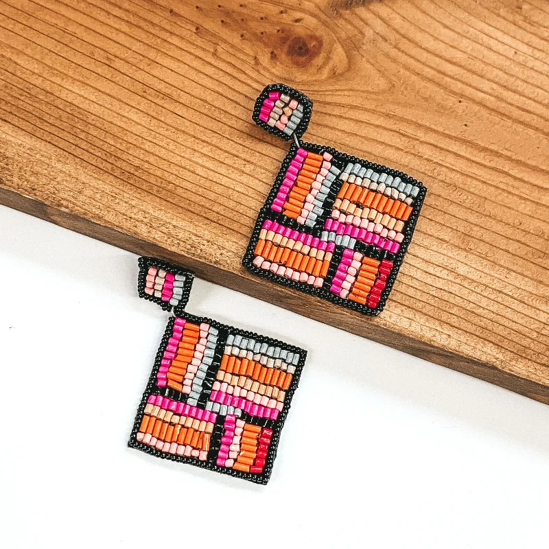 Colorful Earrings for Teens-Resort Life Beaded Square Drop Earrings with Square Design in Black