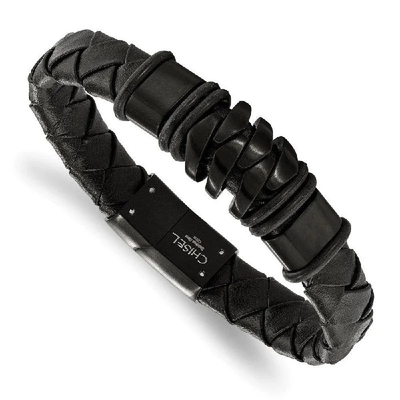 Luxury Leather Bracelet-Stainless Steel Brushed Black IP-plated Black Leather Bracelet