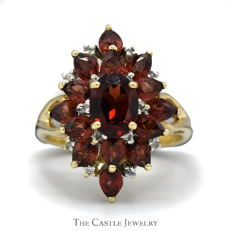 Men's Engagement Ring with Diamonds-Oval and Pear Garnet Cluster Ring with Diamond Accents in 10k Yellow Gold