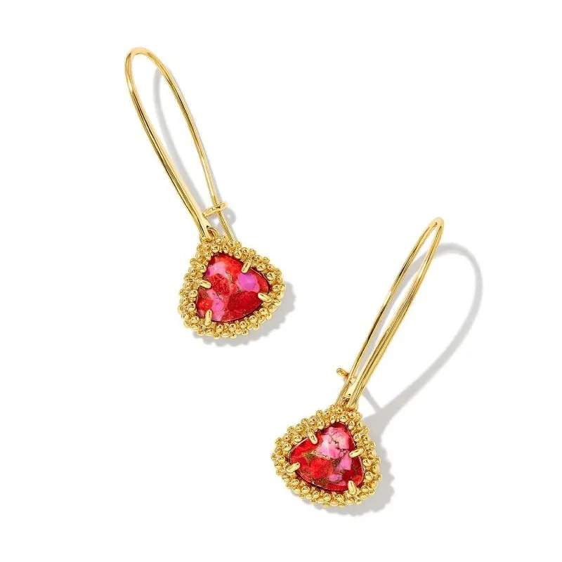 Fashion Earrings for Women-Kendra Scott | Framed Kendall Gold Wire Drop Earrings in Bronze Veined Red and Fuchsia Magnesite