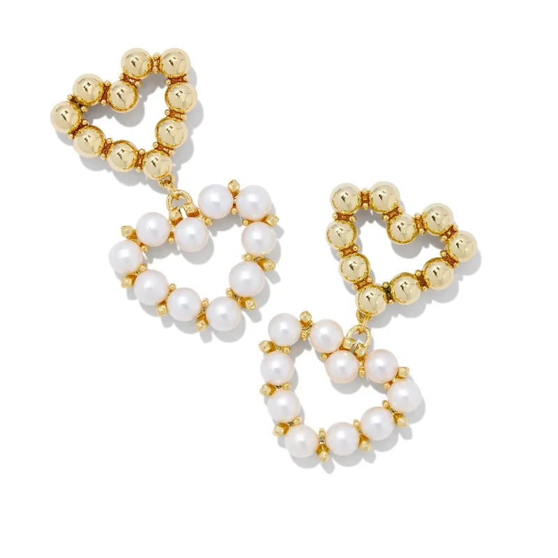 Wedding Earrings with Crystals-Kendra Scott | Ashton Gold Heart Drop Earrings in White Pearl