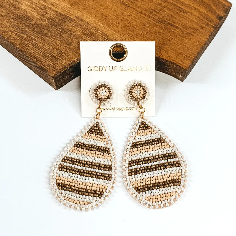 Round Diamond Earrings-Beaded Striped Teardrop Earrings in Ivory Mix