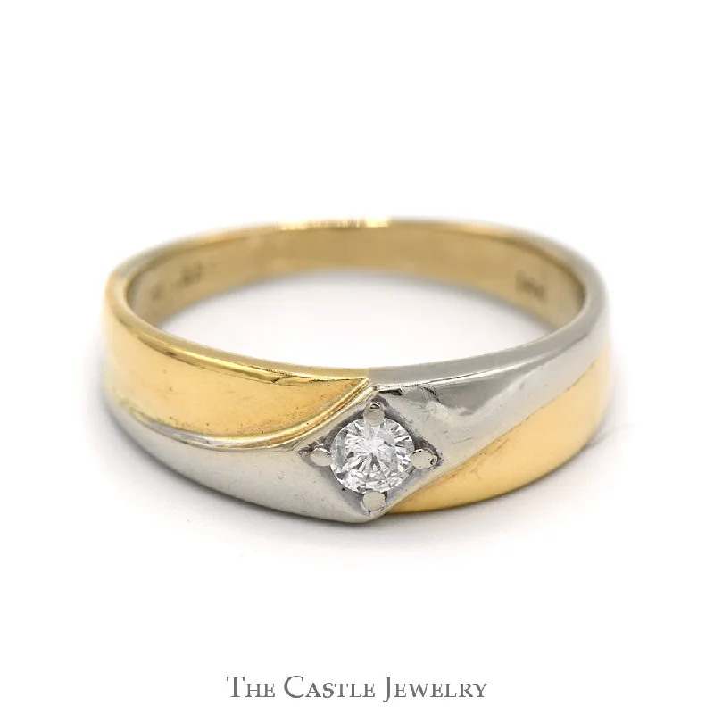 Stunning Engagement Ring-Men's .20ct Diamond Solitaire Ring with Two Tone Design in 14k White & Yellow Gold