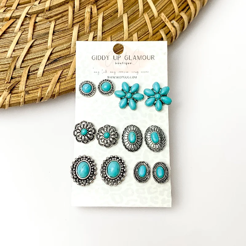 Cute Pearl Earrings-Set of Six Earrings | Turquoise and Silver Tone Designed Stud Earrings