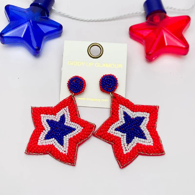 Large Hoop Earrings for Women-Big Beaded Star Earrings in Red, White, and Blue