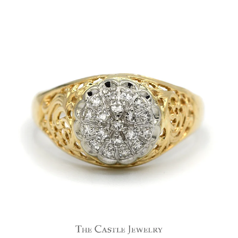 Modern Engagement Ring-1/2cttw Diamond Kentucky Cluster Ring with Open Filigree Sides in 10k Yellow Gold