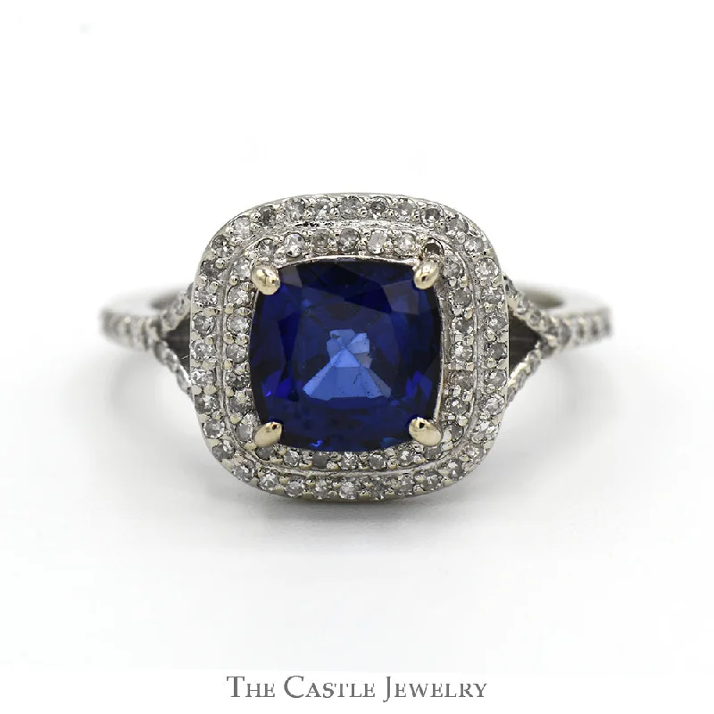 Classic Platinum Wedding Ring-Effy Designer Cushion Cut Sapphire Ring with Double Diamond Halo and Accents in 14k White Gold