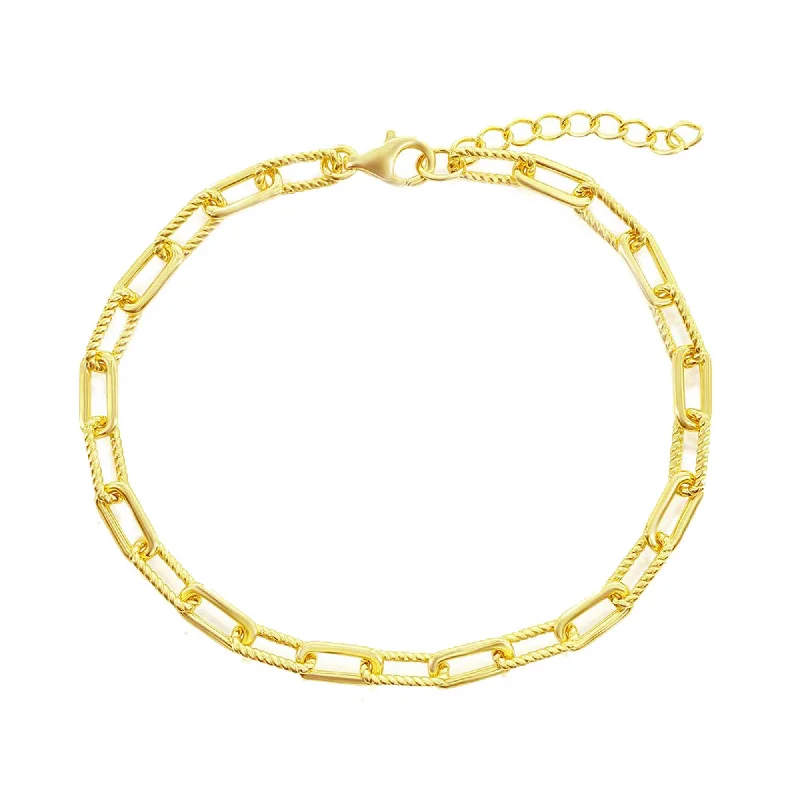 Fashionable Gold Link Bracelet-Classic Unisex Bracelet - Gold Plated Polished and Rope Design Paperclip | S-5128-GP