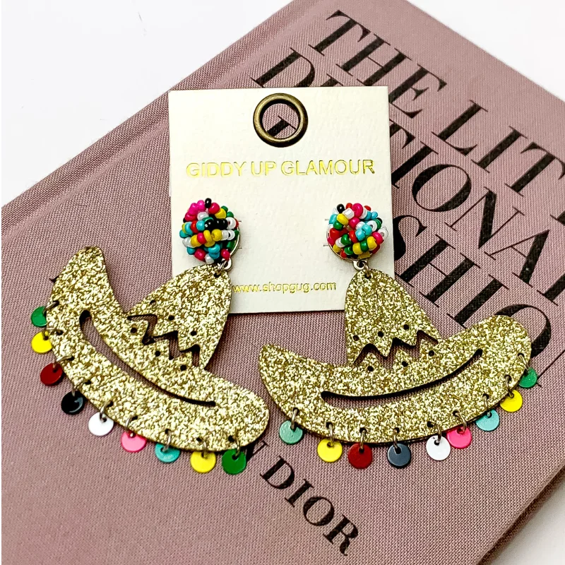 Bridal Earrings with Diamonds-Glitter Sombrero Dangle Earrings with Multi Beads in Gold Tone