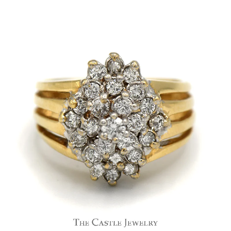 Stunning Platinum Engagement Ring-1cttw Marquise Shaped Diamond Cluster Ring with Split Shank Sides in 14k Yellow Gold