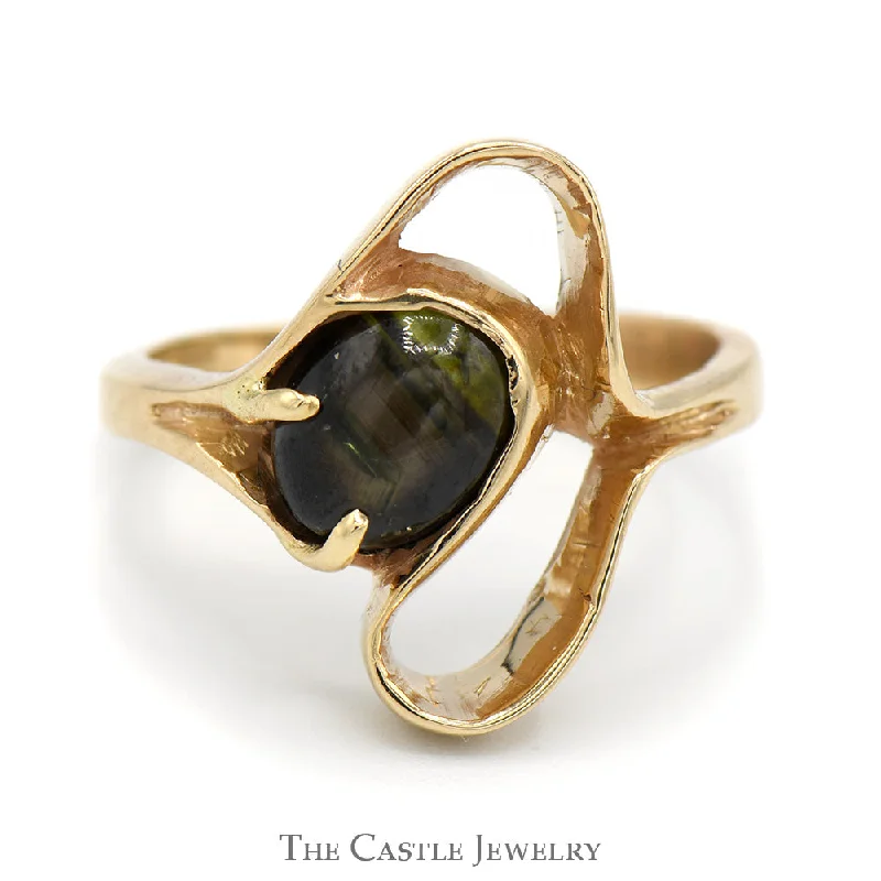 Women's Diamond Wedding Ring-10k Yellow Gold Ring Featuring Open Free Form Design and Oval Cabochon Black Star Gemstone