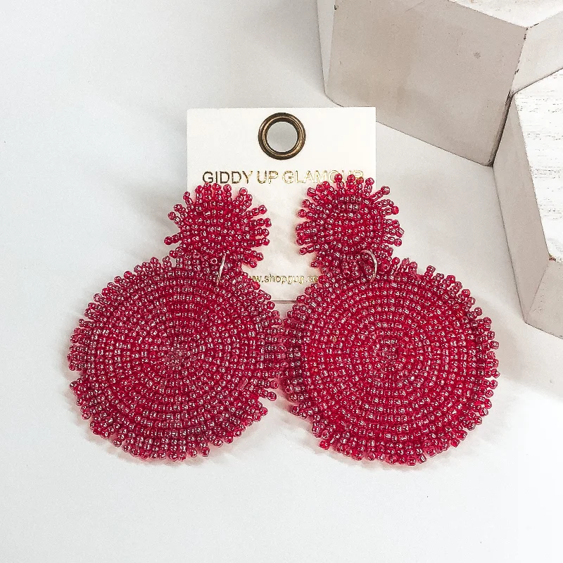 Sparkling Drop Earrings-Circle Drop Two Tiered Beaded Earrings in Candy Red