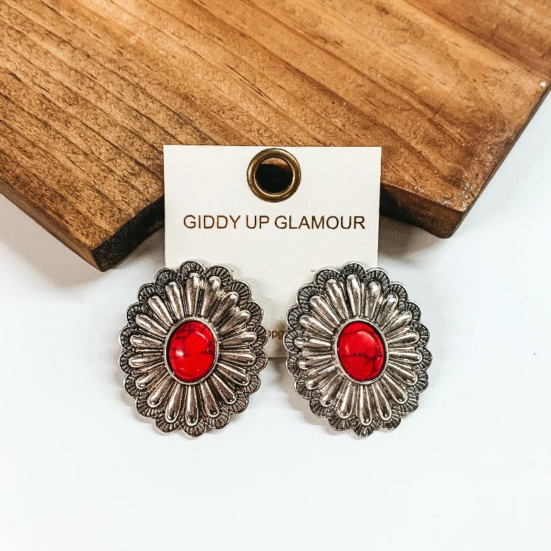 Modern Silver Earrings-Silver Tone Concho Earrings with Faux Center Stone in Red