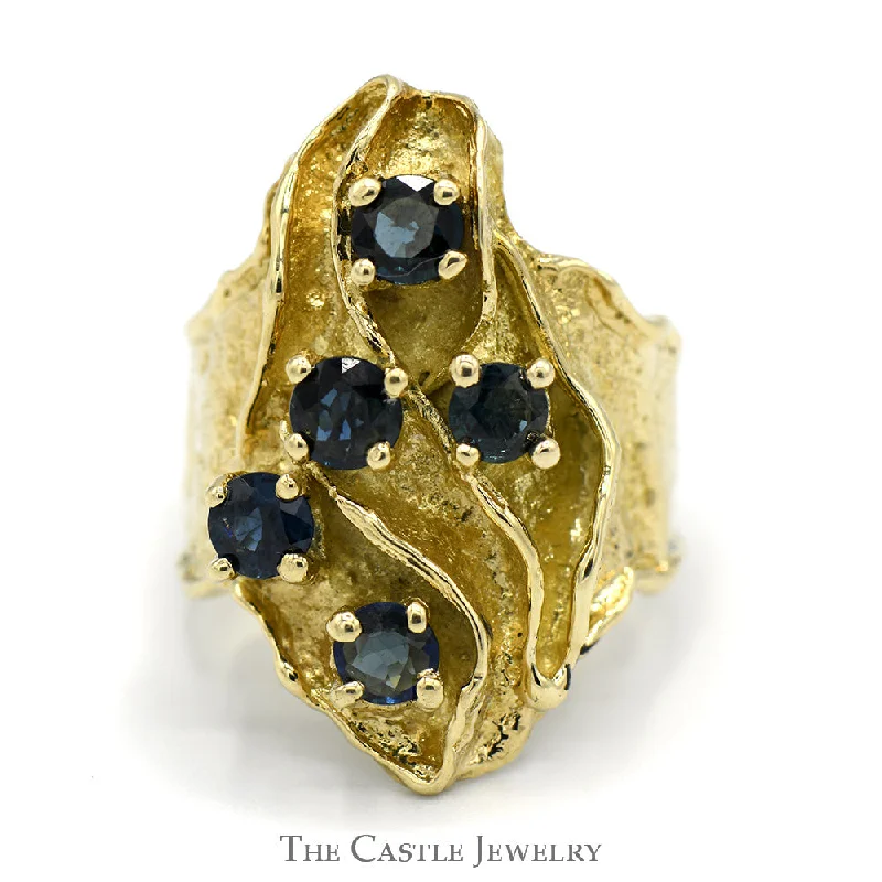 Men's Ring with Diamonds-Round Sapphire Cluster Ring with Unique Freeform Shield Design in 14k Yellow Gold Ridged Mounting