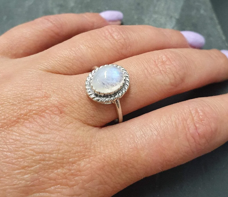 Vintage Diamond Engagement Ring-Rainbow Moonstone Ring - White Promise Ring - Vintage Oval Ring