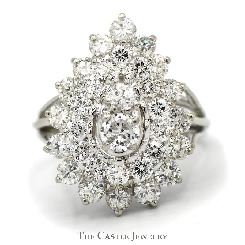 Vintage Engagement Ring with Diamonds-Pear Shaped 3cttw Diamond Cluster Ring with Split Shank Sides in 14k White Gold