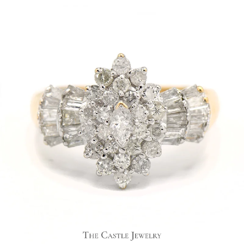 Custom Engagement Ring Set for Women-Marquise Shaped 1cttw Diamond Cluster Ring with Baguette Accents in 10k Yellow Gold