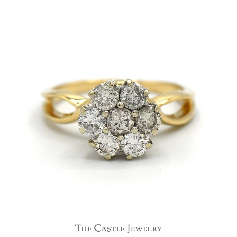 Diamond Wedding Band for Bride-Round 7 Diamond Cluster Ring with Open Sides in 14k Yellow Gold